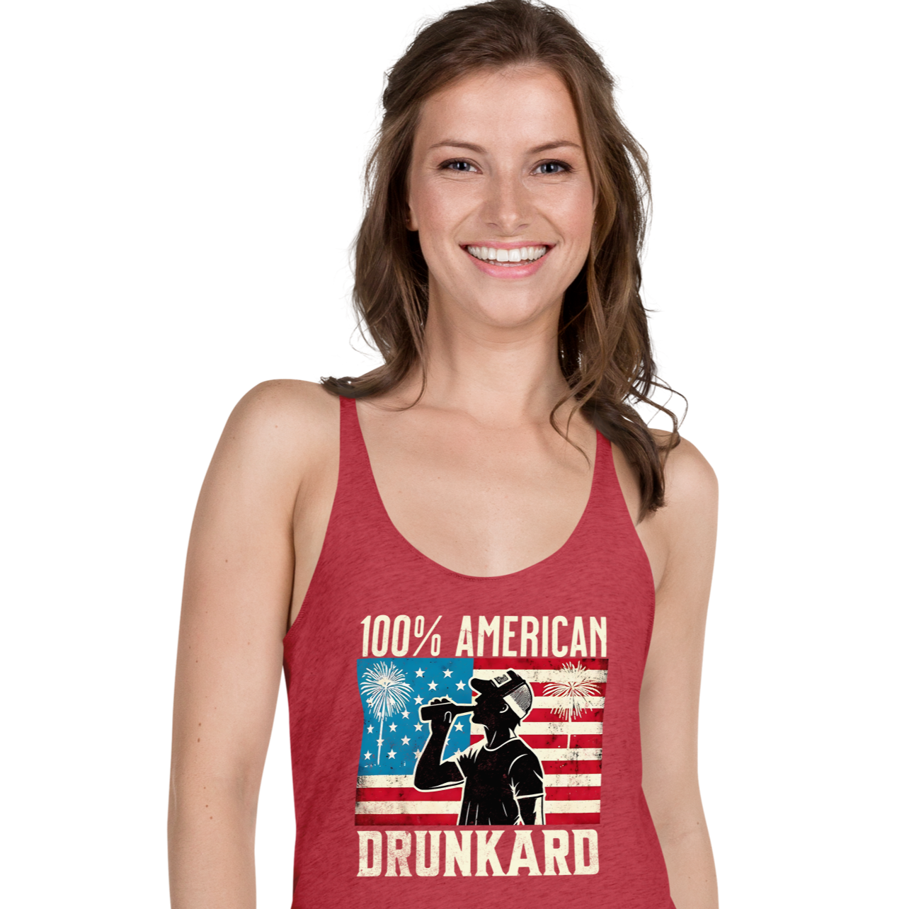 Racerback tank with '100% American Drunkard' text, man drinking a bottle of beer wearing a trucker hat, and distressed American flag background for the 4th of July