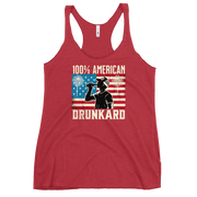 Racerback tank with '100% American Drunkard' text, man drinking a bottle of beer wearing a trucker hat, and distressed American flag background for the 4th of July