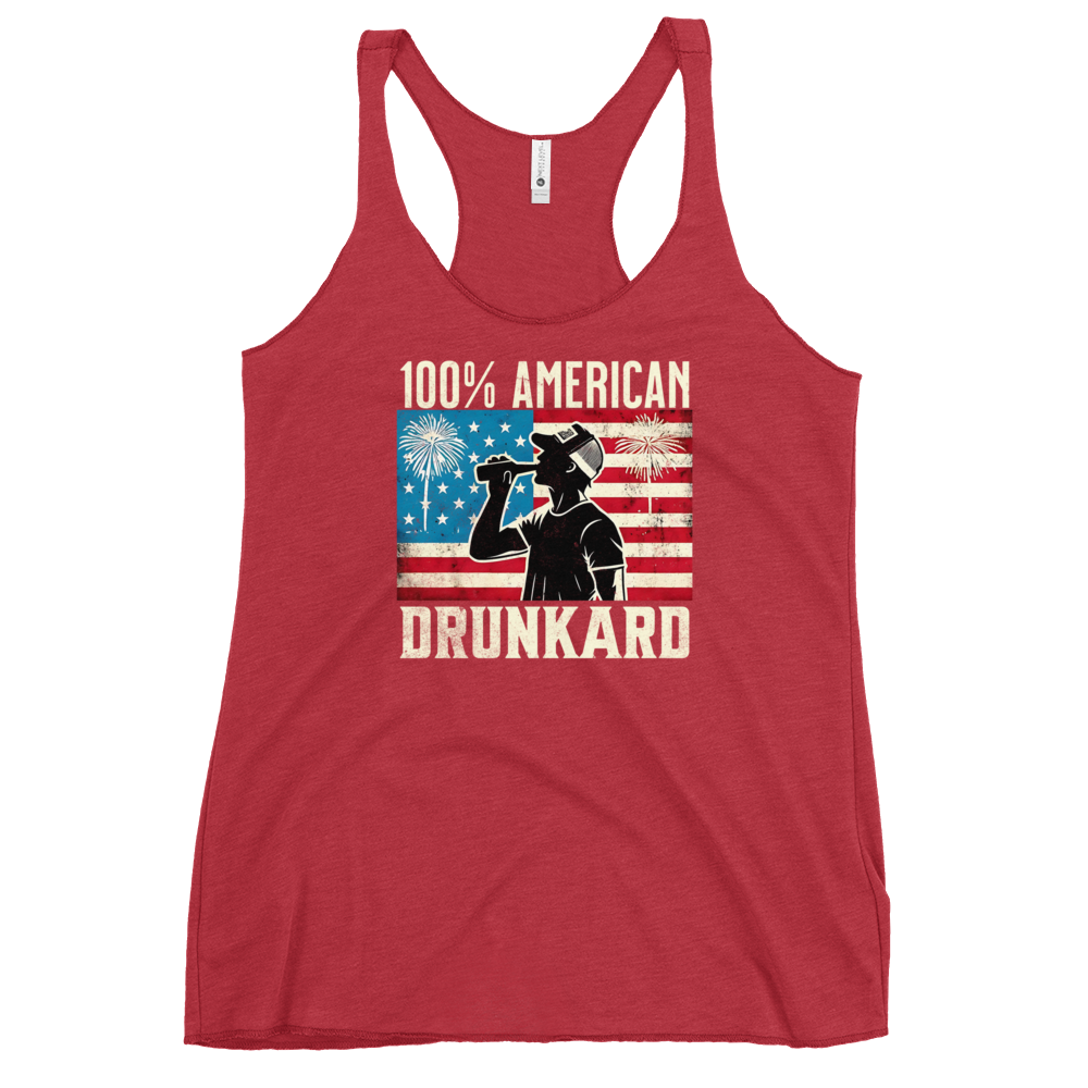 Racerback tank with '100% American Drunkard' text, man drinking a bottle of beer wearing a trucker hat, and distressed American flag background for the 4th of July