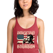 Racerback tank with 'This Shirt Contains 100% American Spirit and a Splash of Bourbon' text, man drinking a glass of bourbon, and distressed American flag background