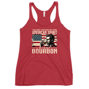 Racerback tank with 'This Shirt Contains 100% American Spirit and a Splash of Bourbon' text, man drinking a glass of bourbon, and distressed American flag background