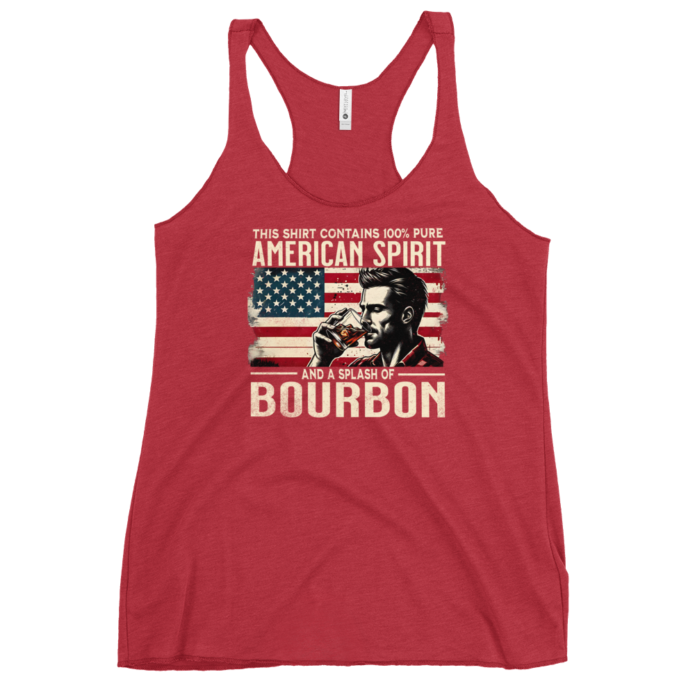 Racerback tank with 'This Shirt Contains 100% American Spirit and a Splash of Bourbon' text, man drinking a glass of bourbon, and distressed American flag background