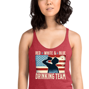 Racerback tank with Red White and Blue Drinking Team text, man drinking beer, and distressed American flag background. Perfect for 4th of July.