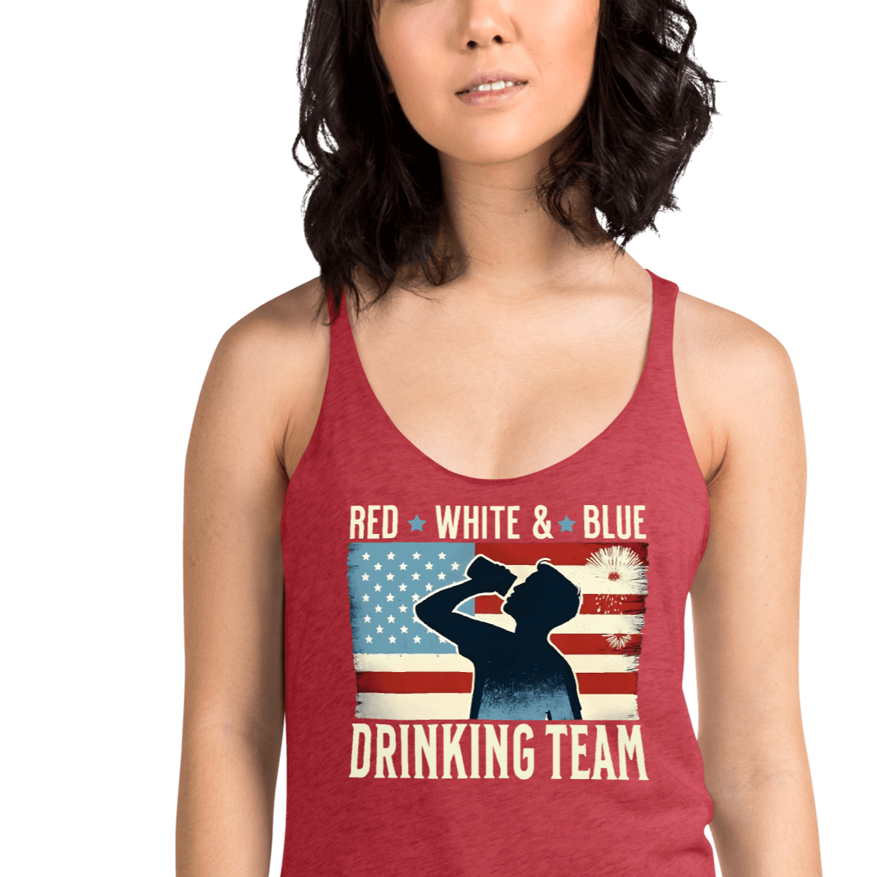 Racerback tank with Red White and Blue Drinking Team text, man drinking beer, and distressed American flag background. Perfect for 4th of July.