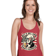 Racerback tank with Let's Get This Party Founded text, George Washington drinking a beer, and distressed American flag background. Perfect for 4th of July.