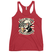 Racerback tank with Let's Get This Party Founded text, George Washington drinking a beer, and distressed American flag background. Perfect for 4th of July.