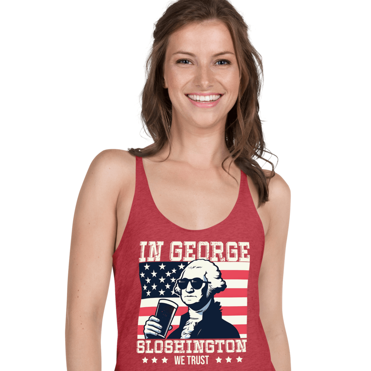 Celebrate with style in our In George Sloshington We Trust Tank for 4th of July. Perfect blend of patriotism & fun, lightweight for summer. Shop now!