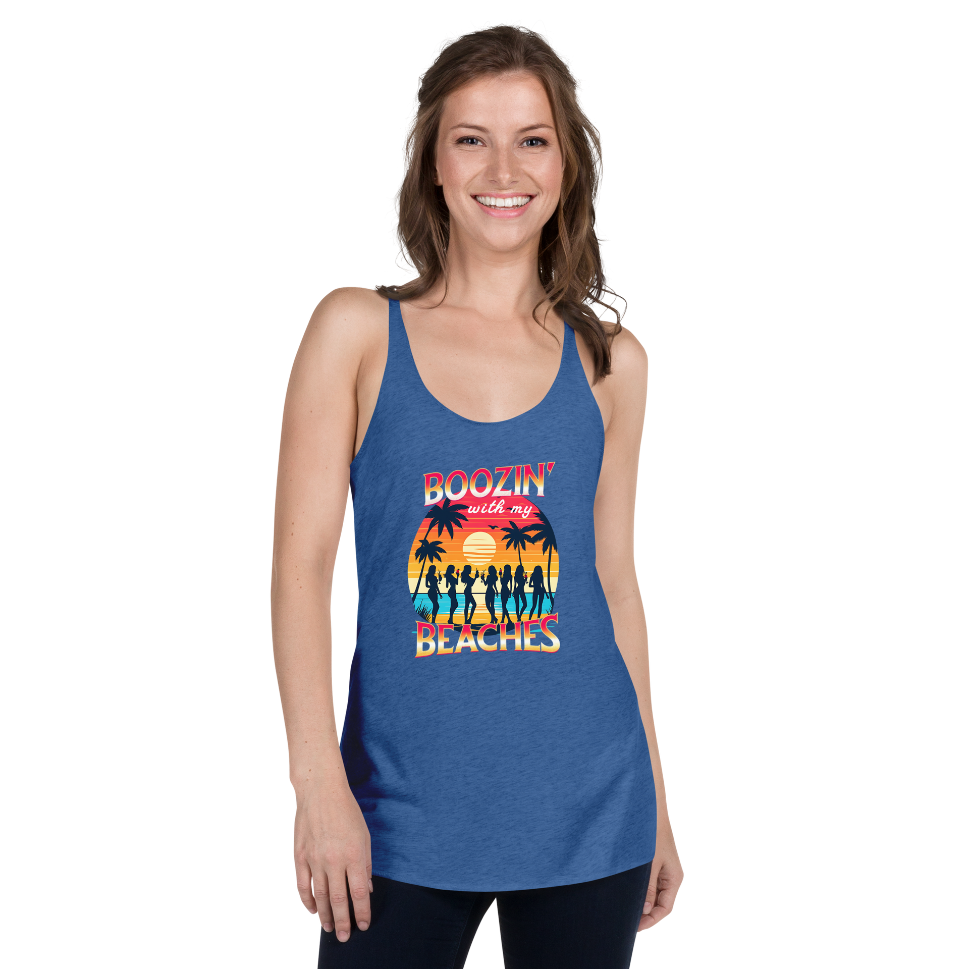 Women drinking cocktails on beach - 'Boozin' with My Beaches' racerback tank.