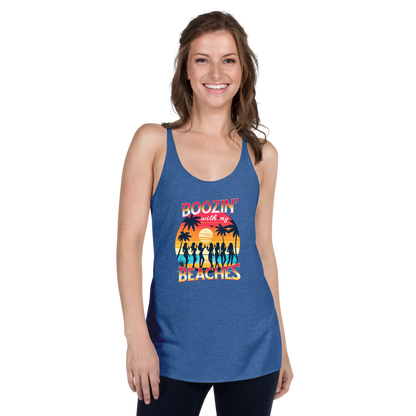 Women drinking cocktails on beach - 'Boozin' with My Beaches' racerback tank.