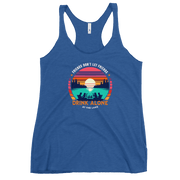 Racerback tank with "Friends Don't Let Friends Drink Alone at the Lake," featuring a lake and sunset design.