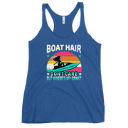 Racerback tank with "Boar Hair Don't Care, But Where's My Drink?" featuring a woman on a jet ski against a sunset.