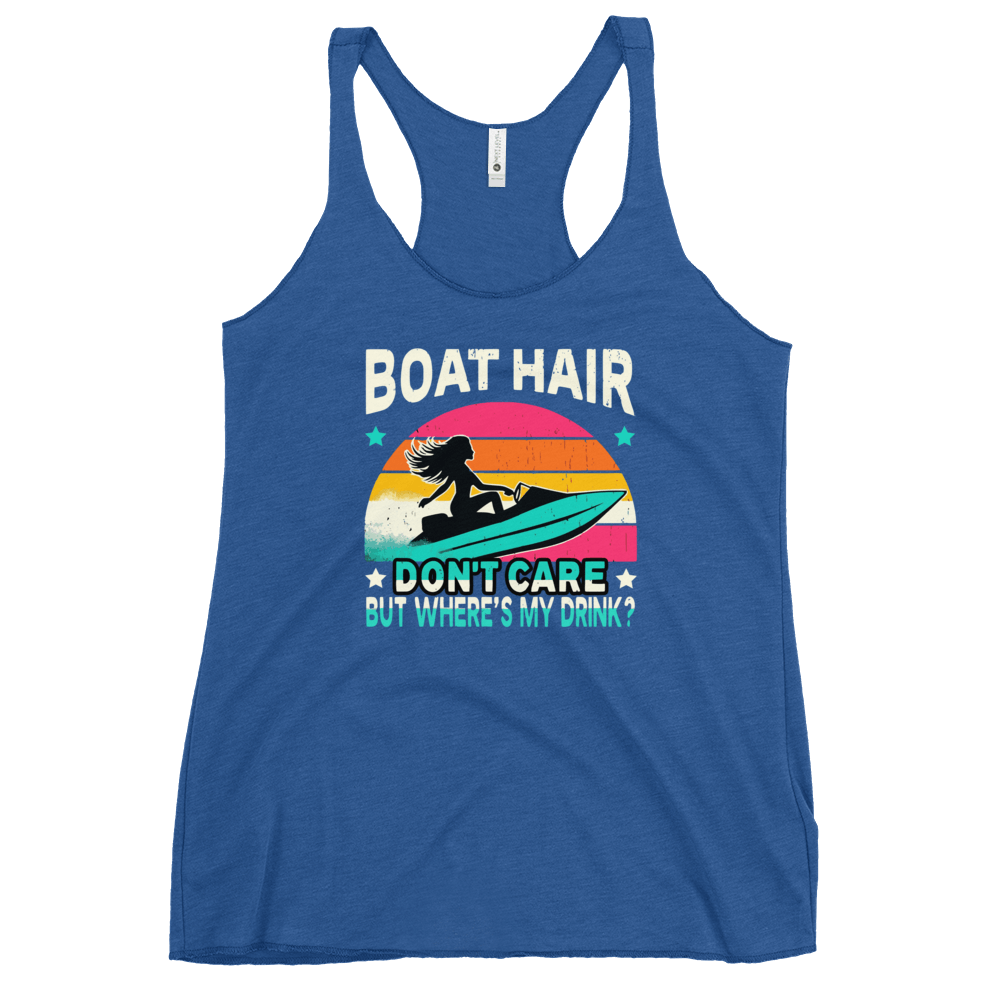 Racerback tank with "Boar Hair Don't Care, But Where's My Drink?" featuring a woman on a jet ski against a sunset.