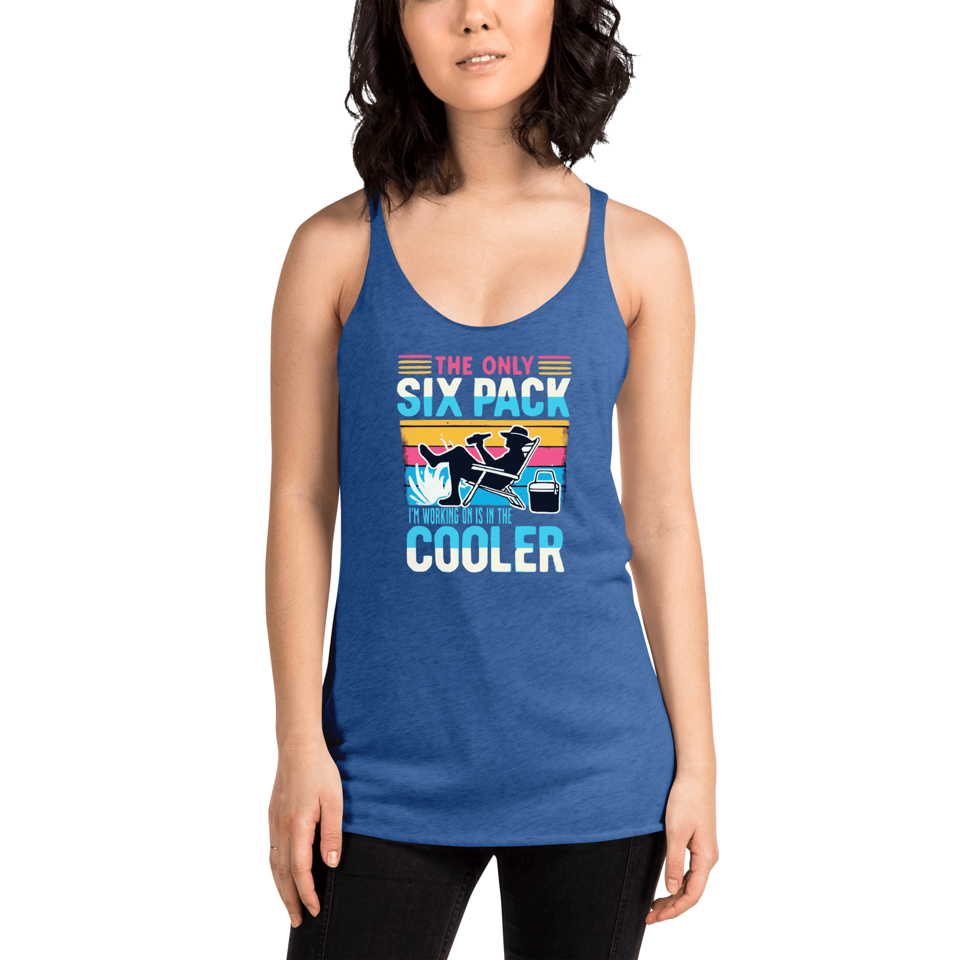 Racerback tank displaying "The Only Six-Pack I'm Working On Is In The Cooler" with a man in a beach chair and a beer.