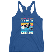 Racerback tank displaying "The Only Six-Pack I'm Working On Is In The Cooler" with a man in a beach chair and a beer.