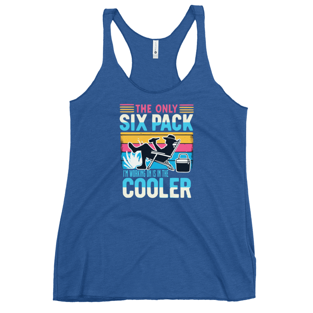 Racerback tank displaying "The Only Six-Pack I'm Working On Is In The Cooler" with a man in a beach chair and a beer.