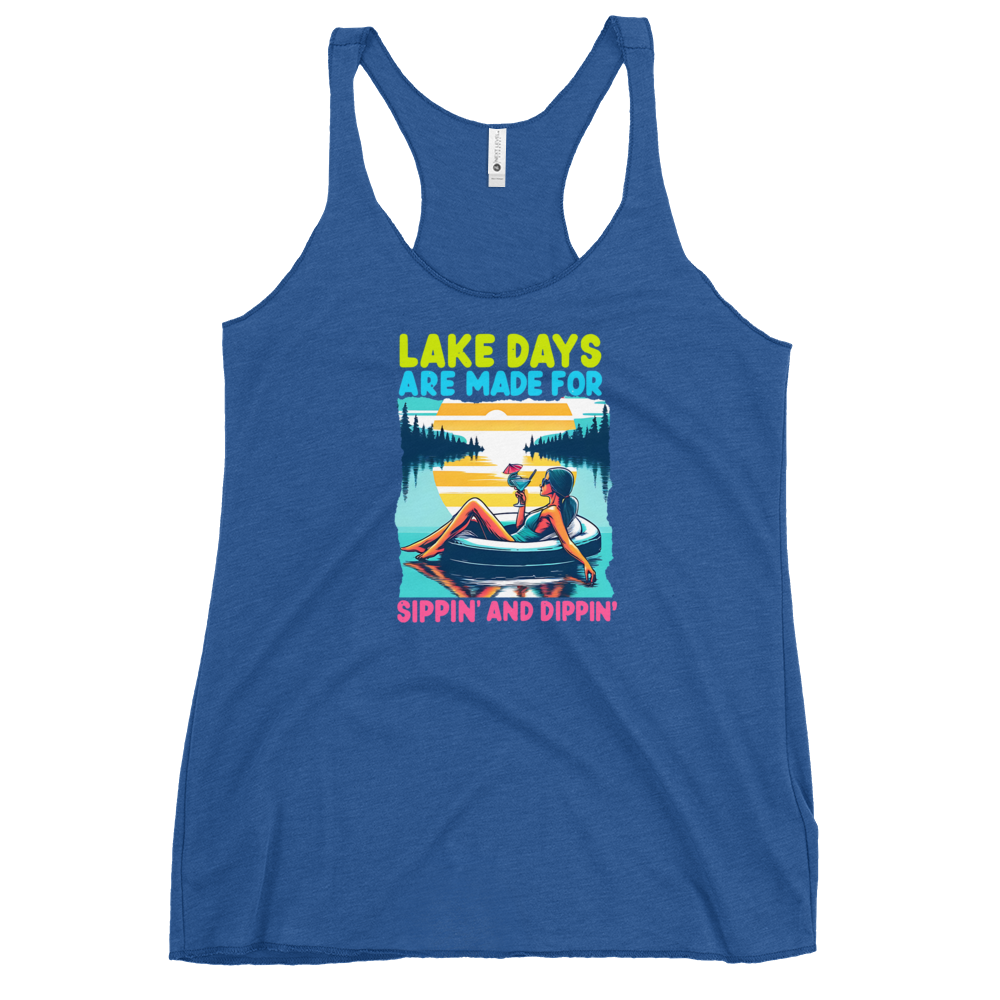 Racerback tank with "Lake Days Are Made for Sipping and Dipping," featuring a woman on a tube float with a cocktail, against a lake and sunset.