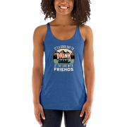 Racerback tank featuring "It's a Good Day to Drink at the Lake with Friends," with people on a boat, lake, and mountains in the background.