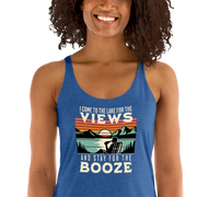 Racerback tank with "I Come to the Lake for the Views and Stay for the Booze," featuring a man in a beach chair, lake, and sunset.