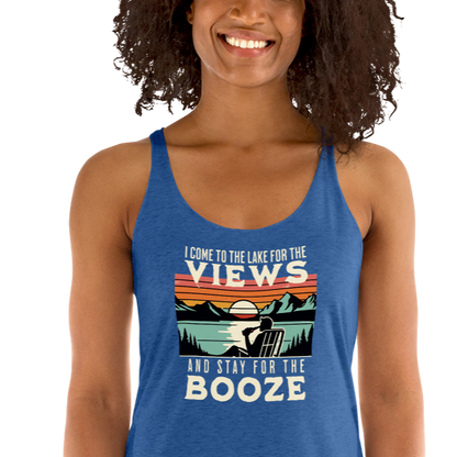 Racerback tank with "I Come to the Lake for the Views and Stay for the Booze," featuring a man in a beach chair, lake, and sunset.
