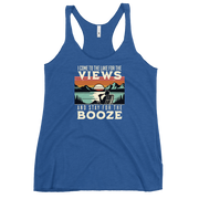 Racerback tank with "I Come to the Lake for the Views and Stay for the Booze," featuring a man in a beach chair, lake, and sunset.