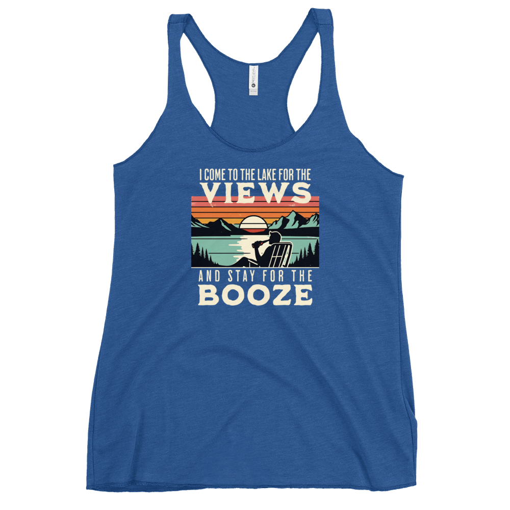 Racerback tank with "I Come to the Lake for the Views and Stay for the Booze," featuring a man in a beach chair, lake, and sunset.