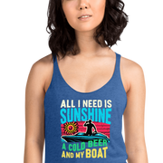 Racerback tank featuring "All I Need Is Sunshine, a Cold Beer, and My Boat," with a man in a boat and a retro sunset.