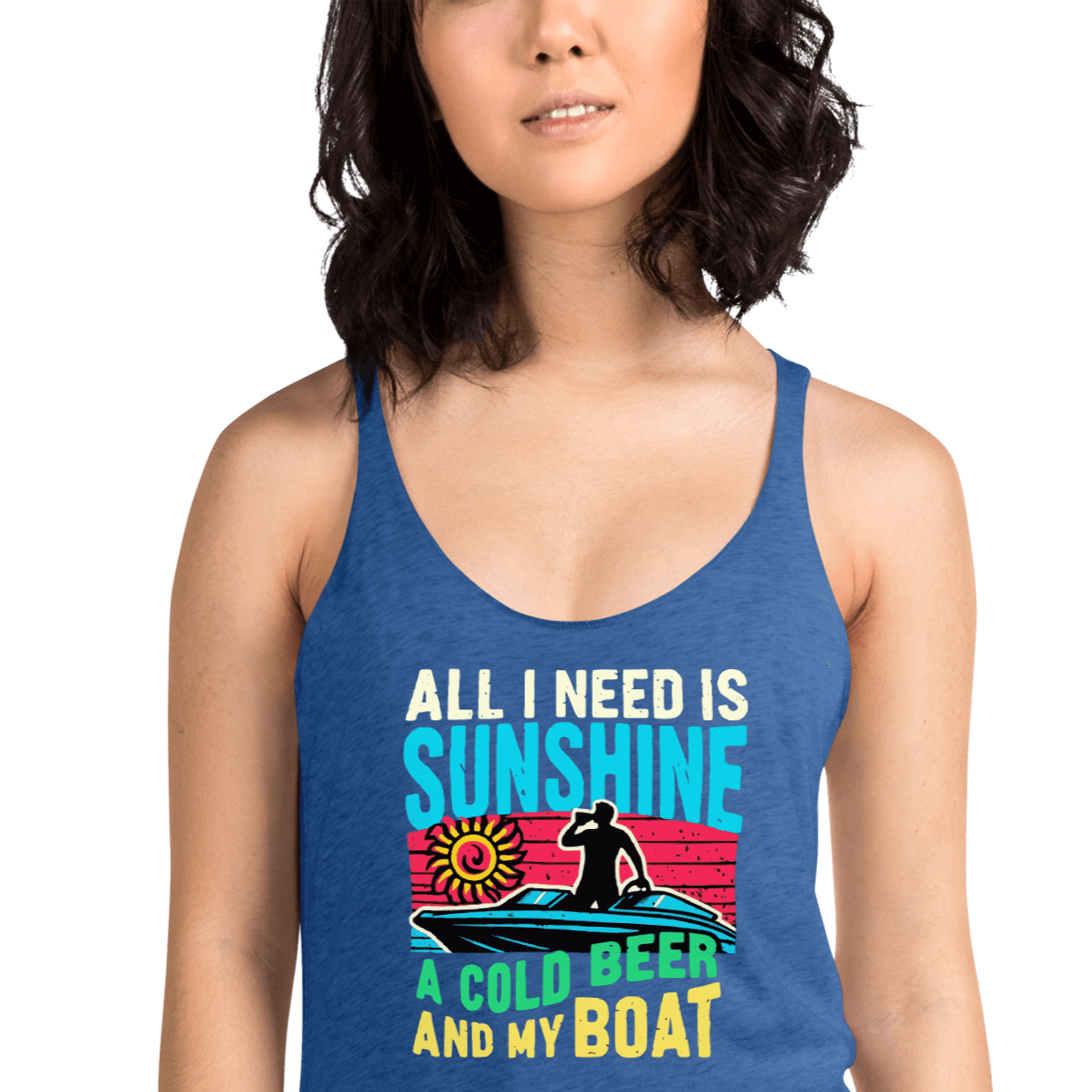 Racerback tank featuring "All I Need Is Sunshine, a Cold Beer, and My Boat," with a man in a boat and a retro sunset.