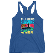 Racerback tank featuring "All I Need Is Sunshine, a Cold Beer, and My Boat," with a man in a boat and a retro sunset.