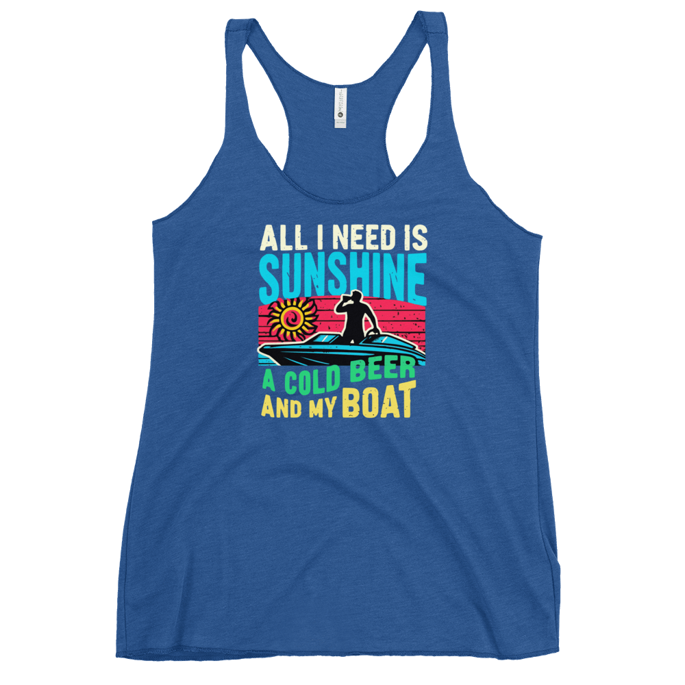 Racerback tank featuring "All I Need Is Sunshine, a Cold Beer, and My Boat," with a man in a boat and a retro sunset.