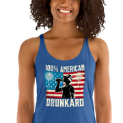 Racerback tank with '100% American Drunkard' text, man drinking a bottle of beer wearing a trucker hat, and distressed American flag background for the 4th of July