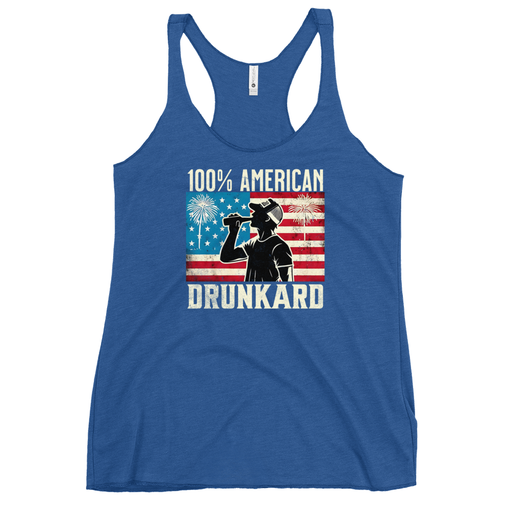 Racerback tank with '100% American Drunkard' text, man drinking a bottle of beer wearing a trucker hat, and distressed American flag background for the 4th of July