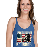 Racerback tank with 'This Shirt Contains 100% American Spirit and a Splash of Bourbon' text, man drinking a glass of bourbon, and distressed American flag background