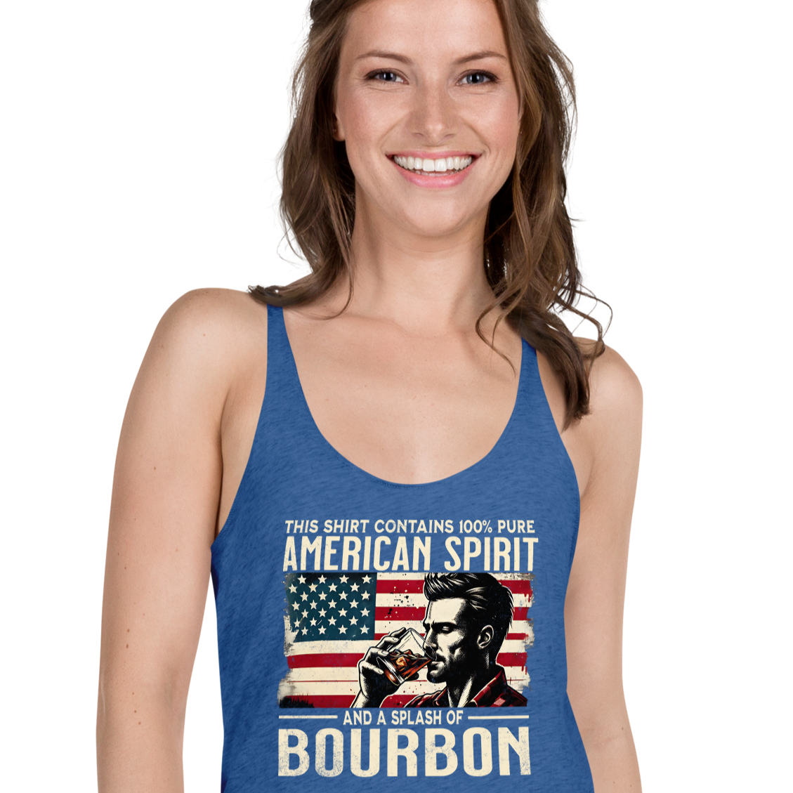 Racerback tank with 'This Shirt Contains 100% American Spirit and a Splash of Bourbon' text, man drinking a glass of bourbon, and distressed American flag background