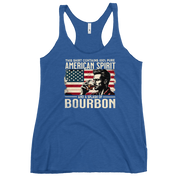 Racerback tank with 'This Shirt Contains 100% American Spirit and a Splash of Bourbon' text, man drinking a glass of bourbon, and distressed American flag background