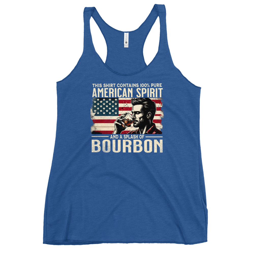 Racerback tank with 'This Shirt Contains 100% American Spirit and a Splash of Bourbon' text, man drinking a glass of bourbon, and distressed American flag background