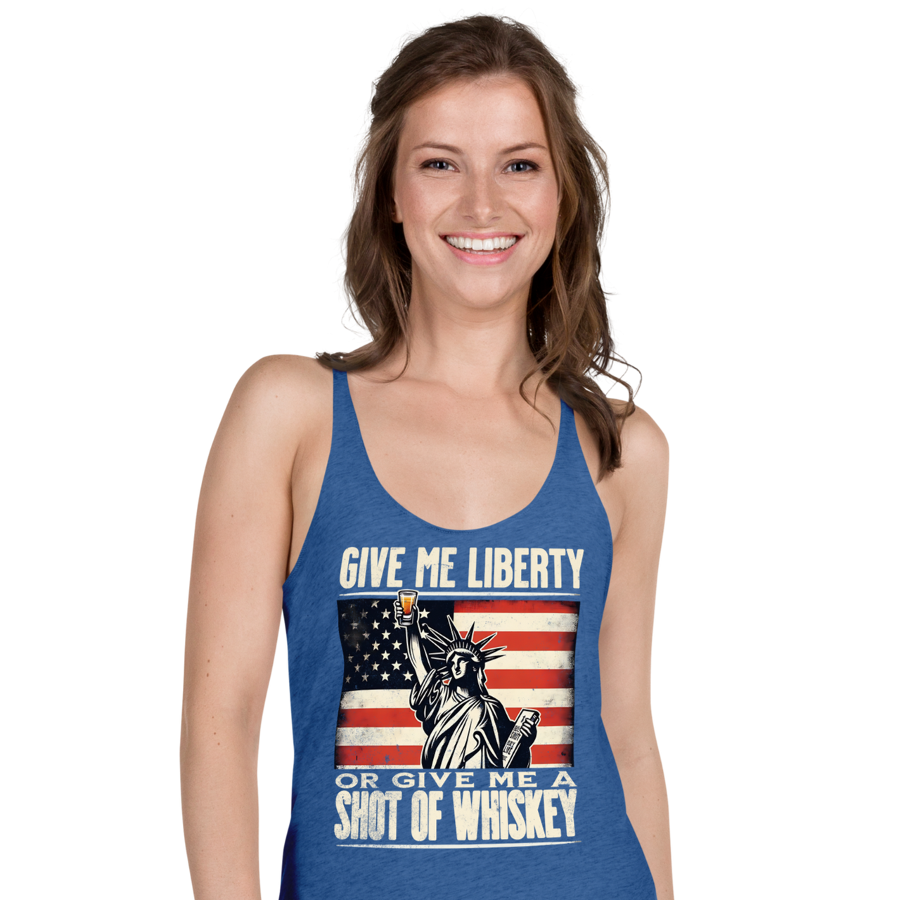 'Give Me Liberty or Give Me Whiskey' text, Statue of Liberty holding a shot glass, and distressed American flag background