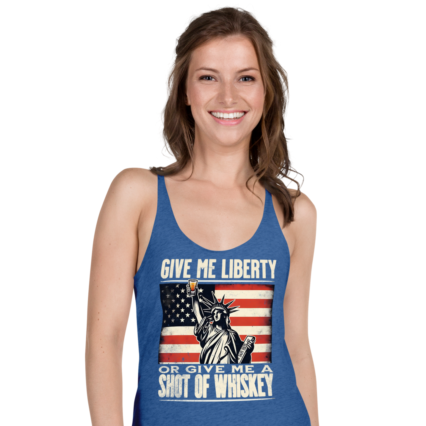 'Give Me Liberty or Give Me Whiskey' text, Statue of Liberty holding a shot glass, and distressed American flag background