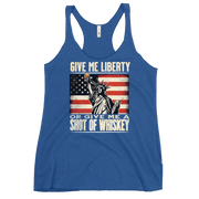 'Give Me Liberty or Give Me Whiskey' text, Statue of Liberty holding a shot glass, and distressed American flag background