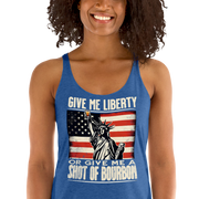 Racerback tank with Give Me Liberty or Give Me a Shot of Bourbon text, Statue of Liberty holding a shot glass, and distressed American flag background. Perfect for 4th of July.