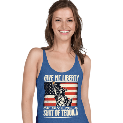 Racerback tank with Give Me Liberty or Give Me a Shot of Tequila text, Statue of Liberty holding a shot glass, and distressed American flag background. Perfect for 4th of July.