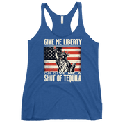 Racerback tank with Give Me Liberty or Give Me a Shot of Tequila text, Statue of Liberty holding a shot glass, and distressed American flag background. Perfect for 4th of July.