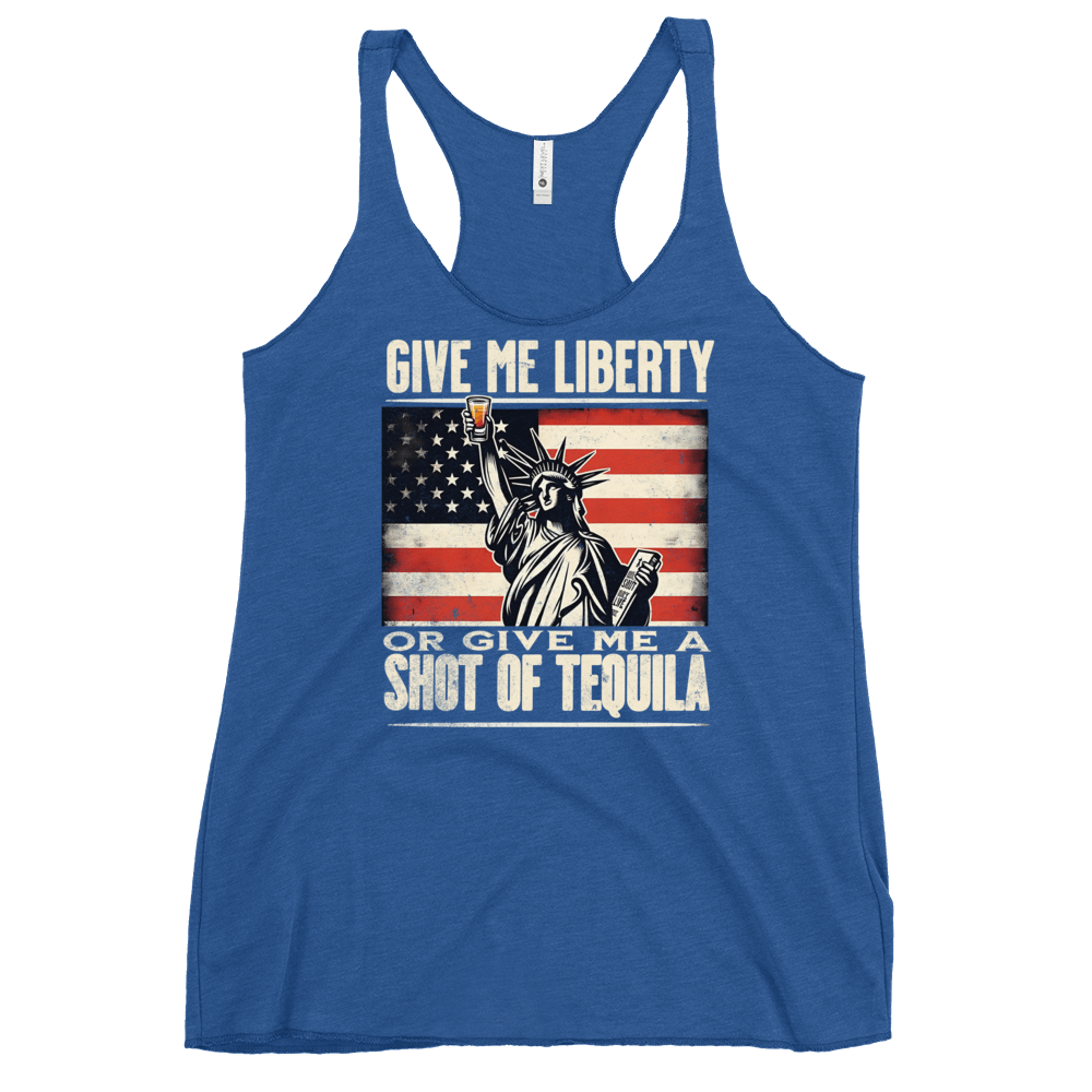 Racerback tank with Give Me Liberty or Give Me a Shot of Tequila text, Statue of Liberty holding a shot glass, and distressed American flag background. Perfect for 4th of July.