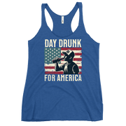 Racerback tank with Day Drunk for America text, silhouette of a man drinking a bottle of beer, and distressed American flag background. Perfect for 4th of July.