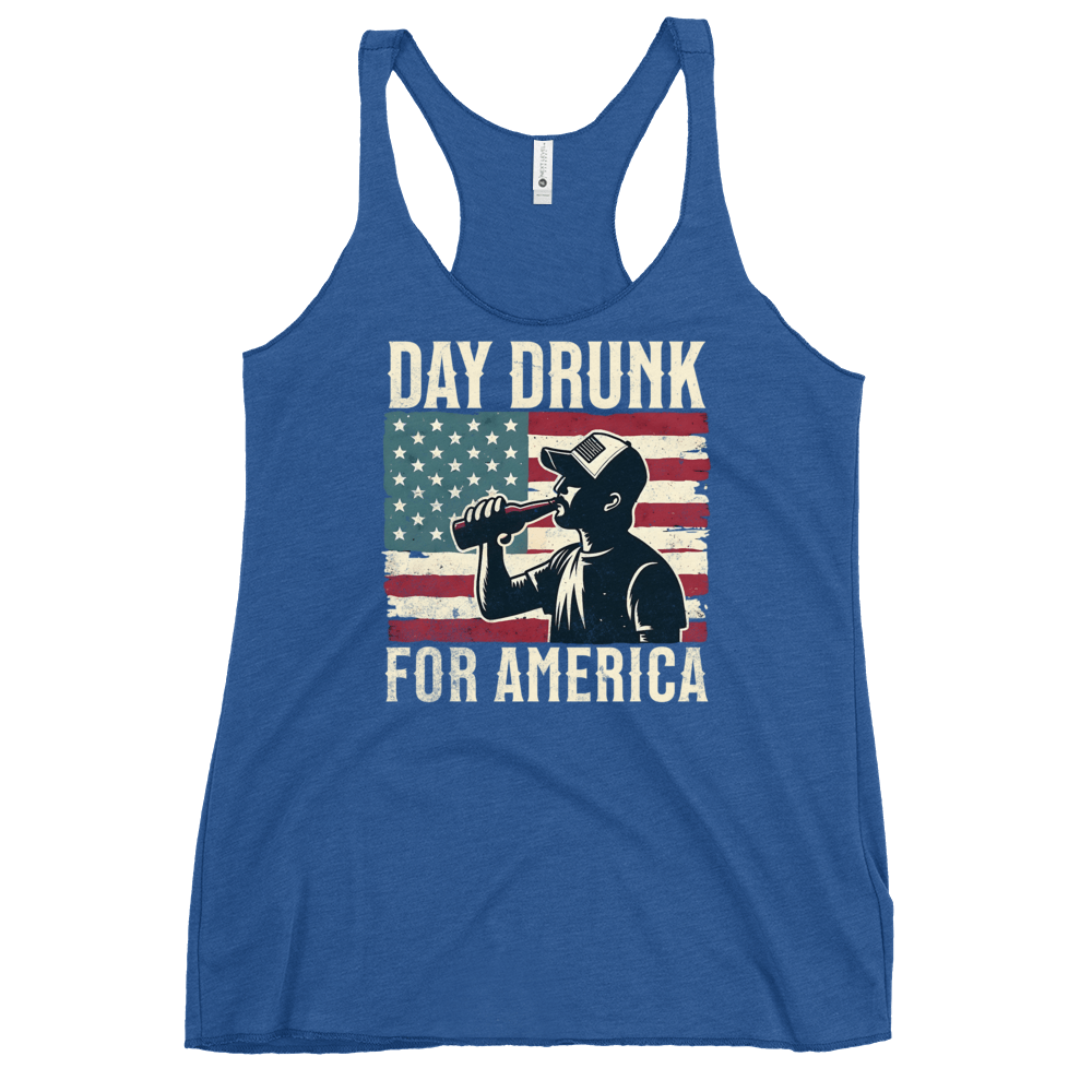 Racerback tank with Day Drunk for America text, silhouette of a man drinking a bottle of beer, and distressed American flag background. Perfect for 4th of July.