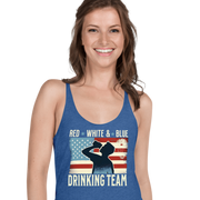 Racerback tank with Red White and Blue Drinking Team text, man drinking beer, and distressed American flag background. Perfect for 4th of July.