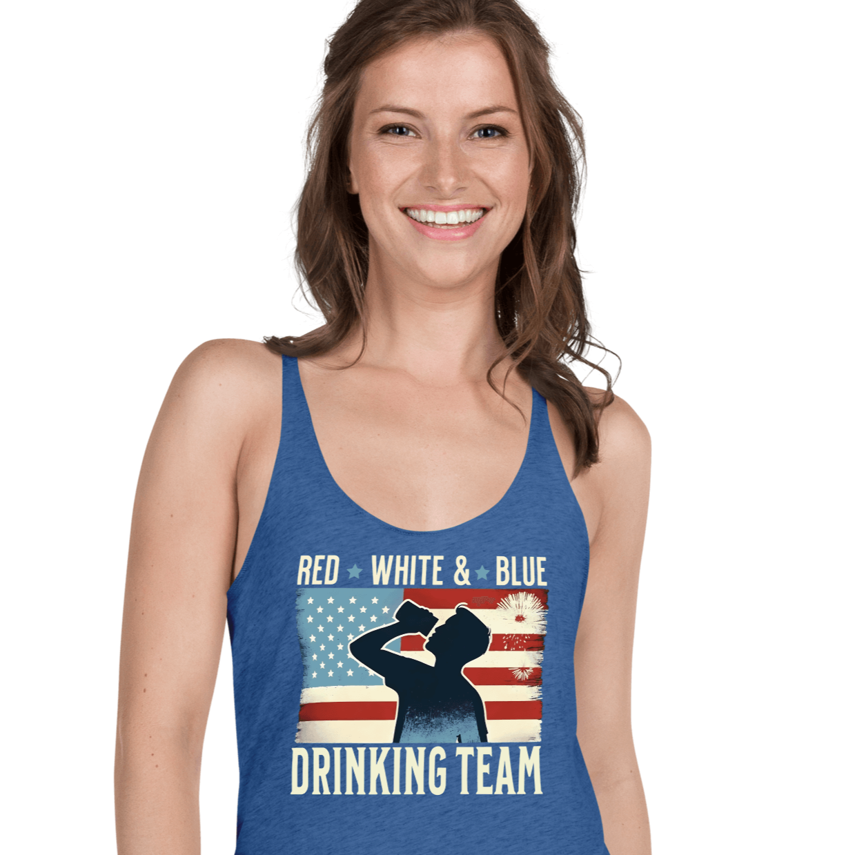 Racerback tank with Red White and Blue Drinking Team text, man drinking beer, and distressed American flag background. Perfect for 4th of July.