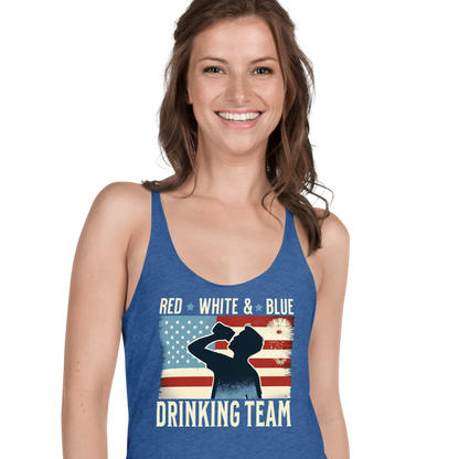 Racerback tank with Red White and Blue Drinking Team text, man drinking beer, and distressed American flag background. Perfect for 4th of July.