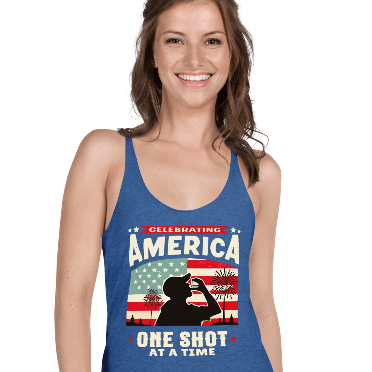 Racerback tank with Celebrating America One Shot at a Time text, silhouette of a man drinking a shot, and distressed American flag background. Perfect for 4th of July.