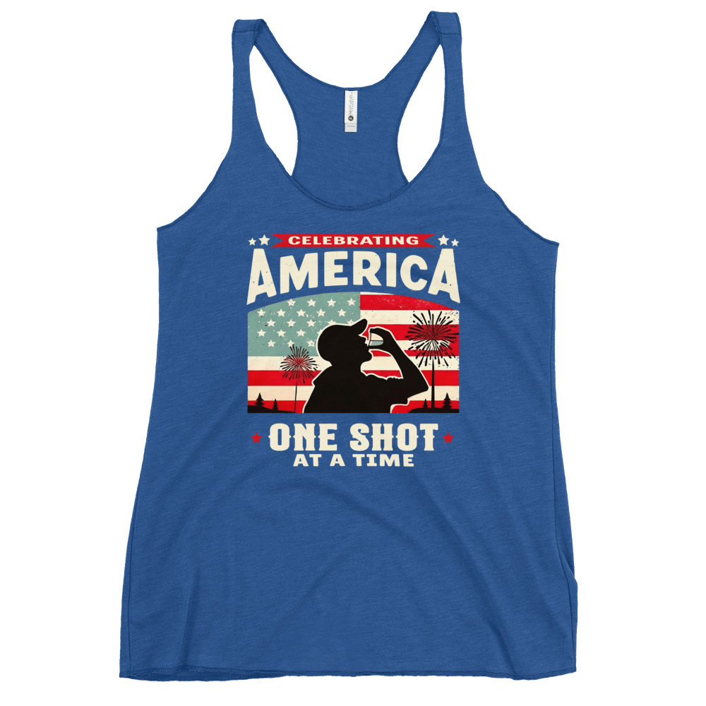 Racerback tank with Celebrating America One Shot at a Time text, silhouette of a man drinking a shot, and distressed American flag background. Perfect for 4th of July.
