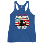 Racerback tank with Celebrating America One Shot at a Time text, silhouette of a man drinking a shot, and distressed American flag background. Perfect for 4th of July.